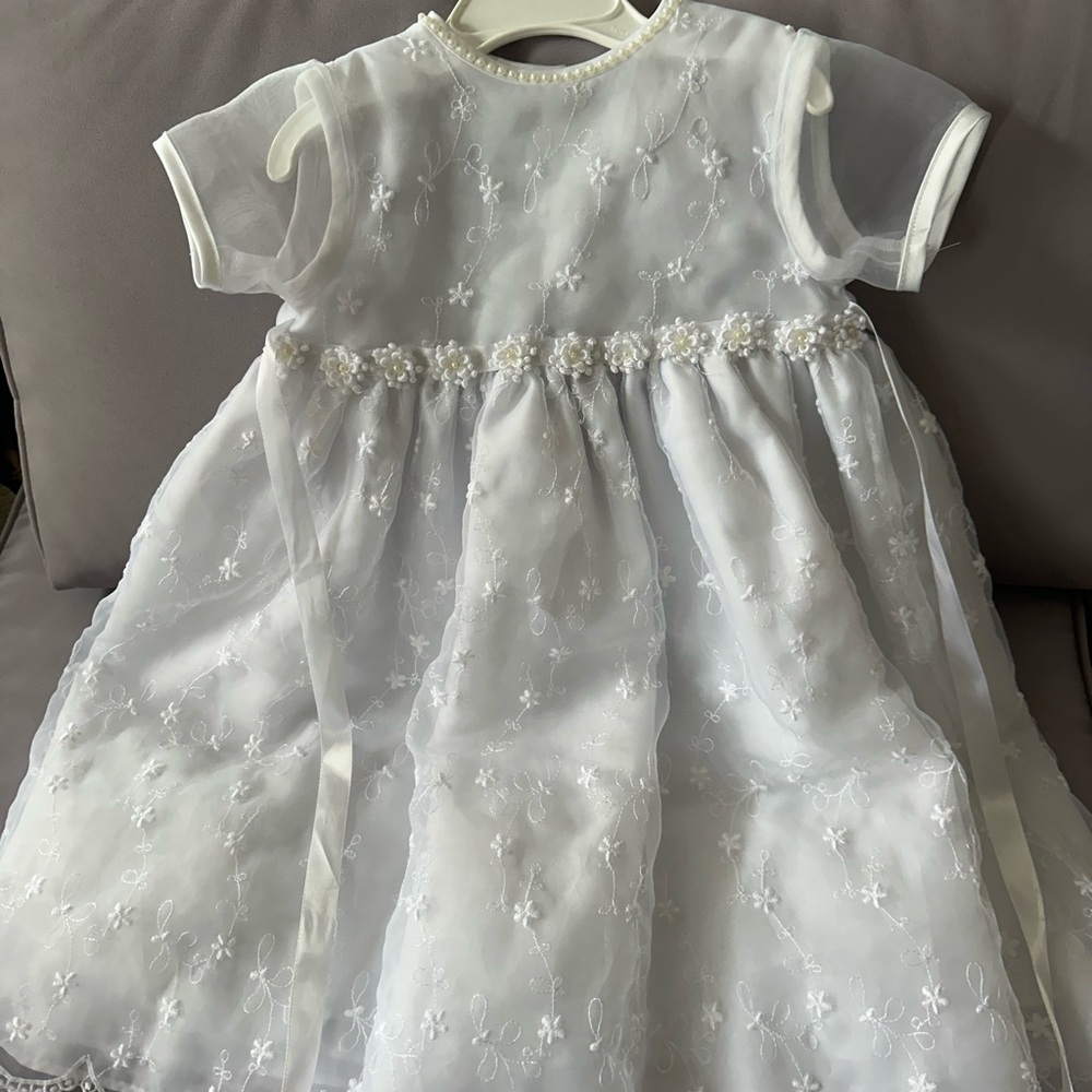 Elegant White Floral Embroidered Girls Christening Gown